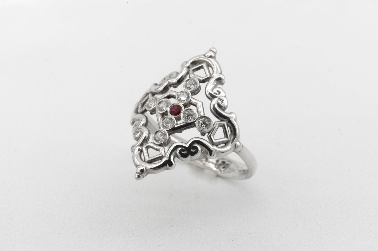 Anillo Creu Mallorquina JVP Rococó 1.0 Circonitas Blancas y Roja