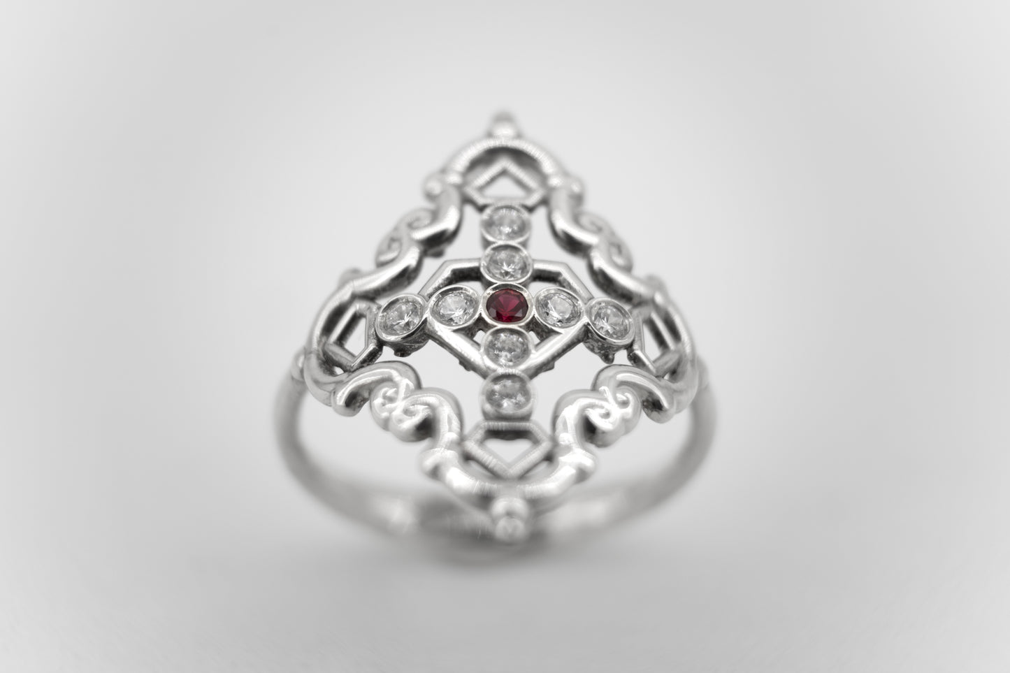 Anillo Creu Mallorquina JVP Rococó 1.0 Circonitas Blancas y Roja