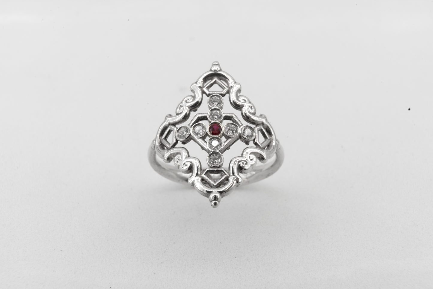 Anillo Creu Mallorquina JVP Rococó 1.0 Circonitas Blancas y Roja