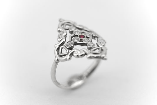 Anillo Creu Mallorquina JVP Rococó 1.0 Circonitas Blancas y Roja